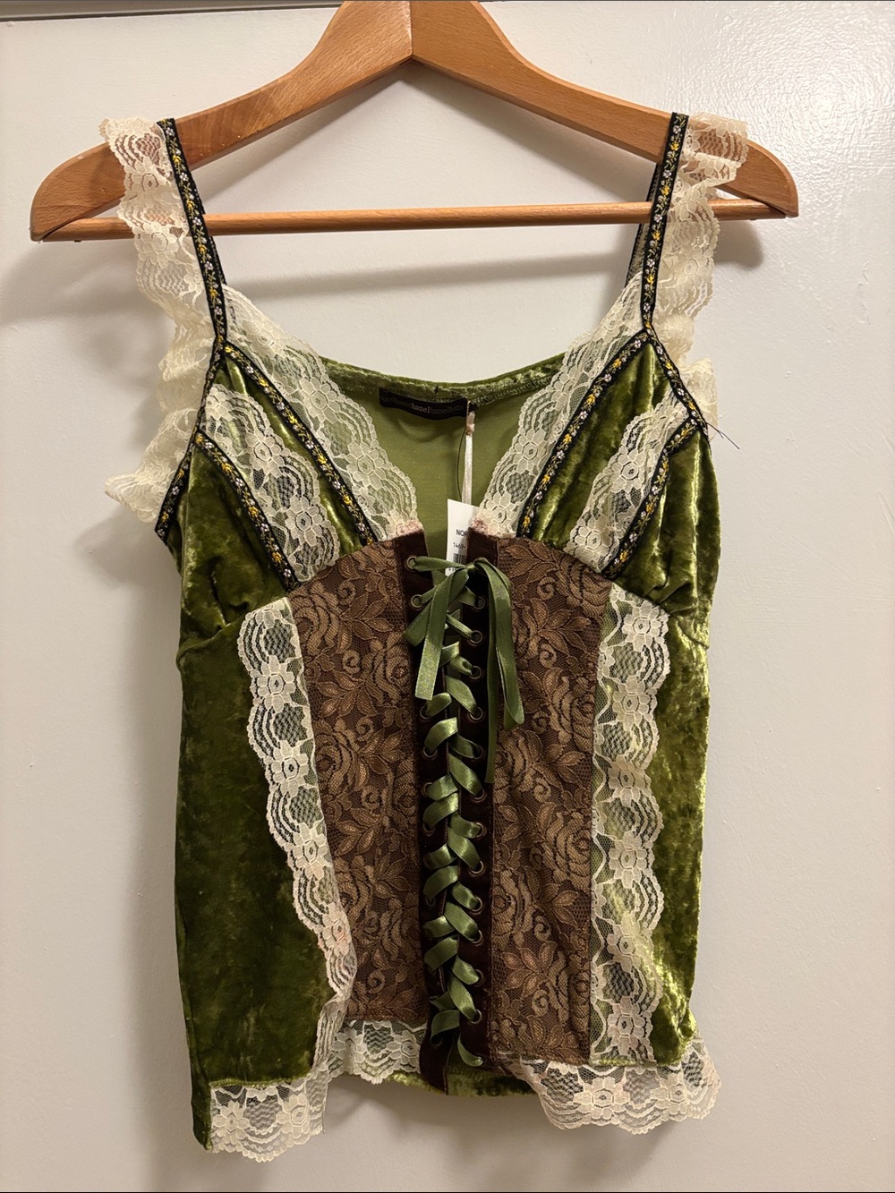 hazel Olive Green Velvet Lace-Up Camisole Size S Festival Romance Coquette NWT